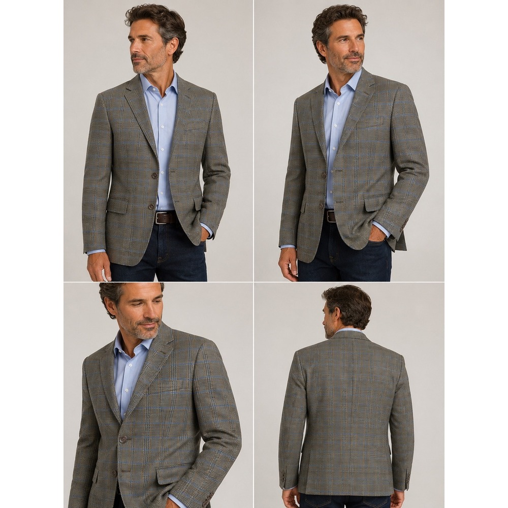 Mens Glen Plaid Blazer Blue Overcheck Brown Wool Blend Sport Coat Two Button